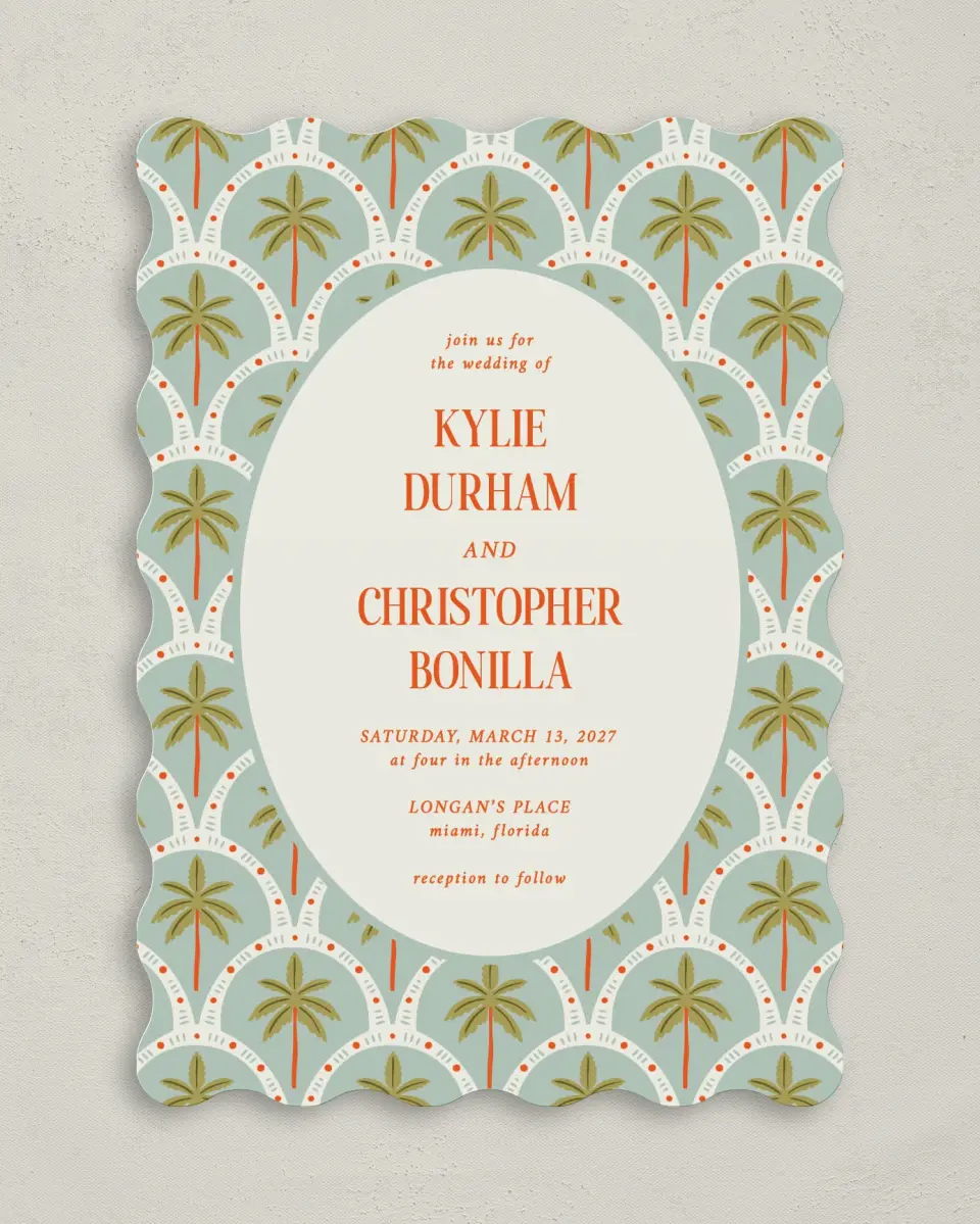 This is a 5" x 7" Wavy Wedding Invitation called Tropical Treasure printed in full color with Gold foil on Premium Smooth paper