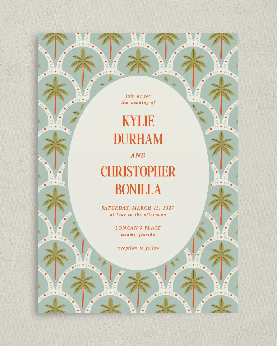 This is a 5" x 7" Classic Wedding Invitation called Tropical Treasure printed in full color with Gold foil on Premium Smooth paper
