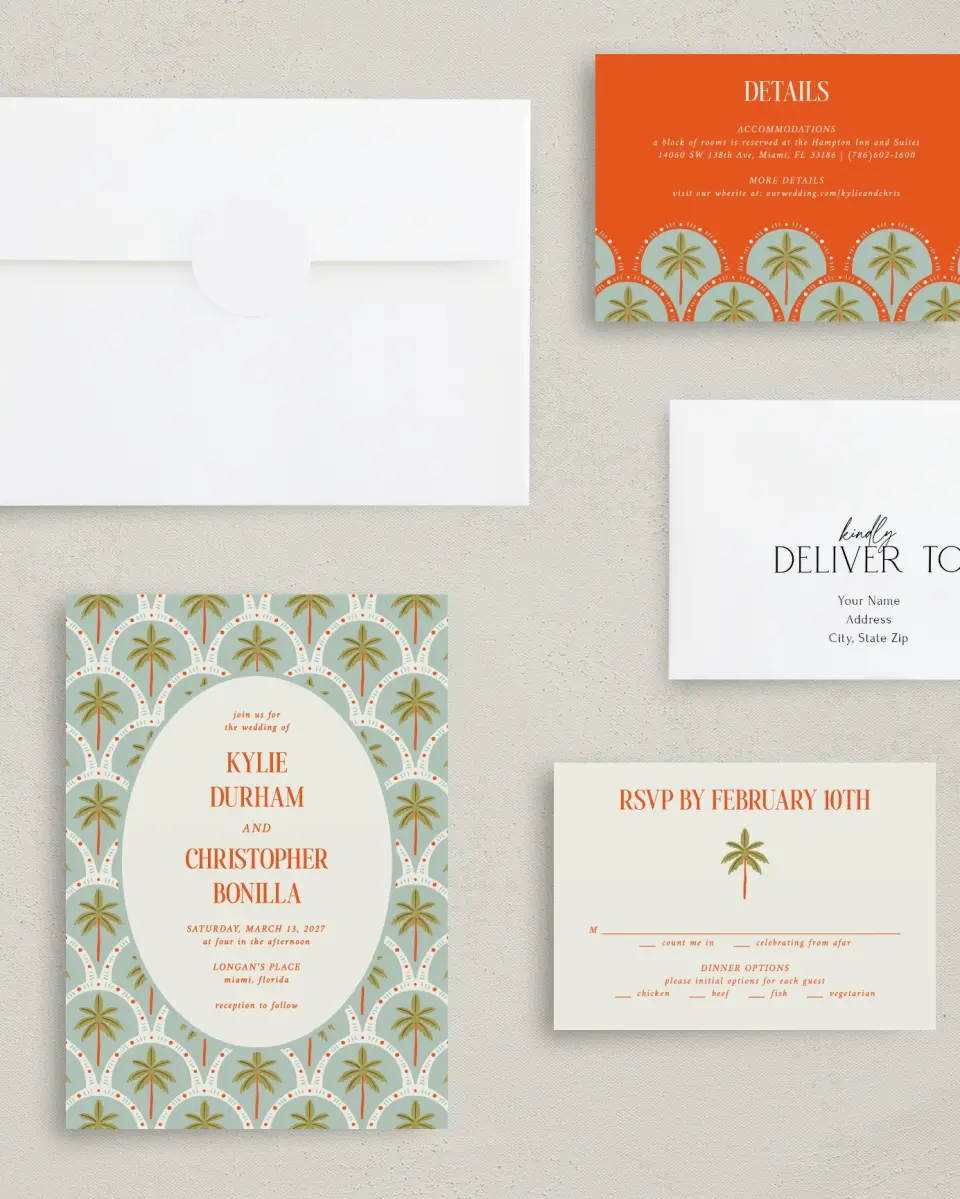 This is a 5" x 7" Classic Wedding Invitation called Tropical Treasure printed in full color with Gold foil on Premium Smooth paper