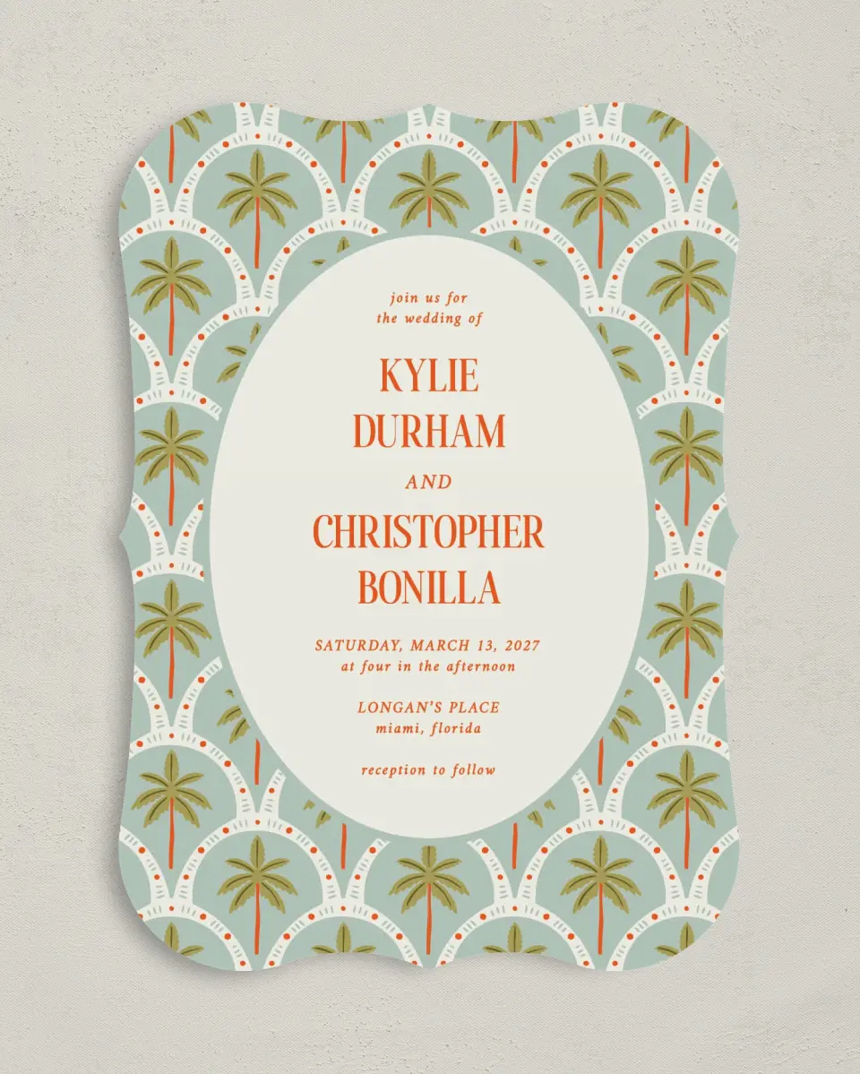 This is a 5" x 7" Bracket Wedding Invitation called Tropical Treasure printed in full color with Silver foil on Luxe Satin (coated) paper