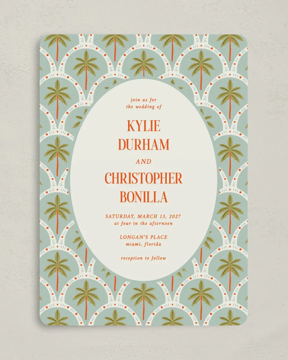 This is a 5" x 7" Rounded Wedding Invitation called Tropical Treasure printed in full color with Silver foil on Luxe Satin (coated) paper