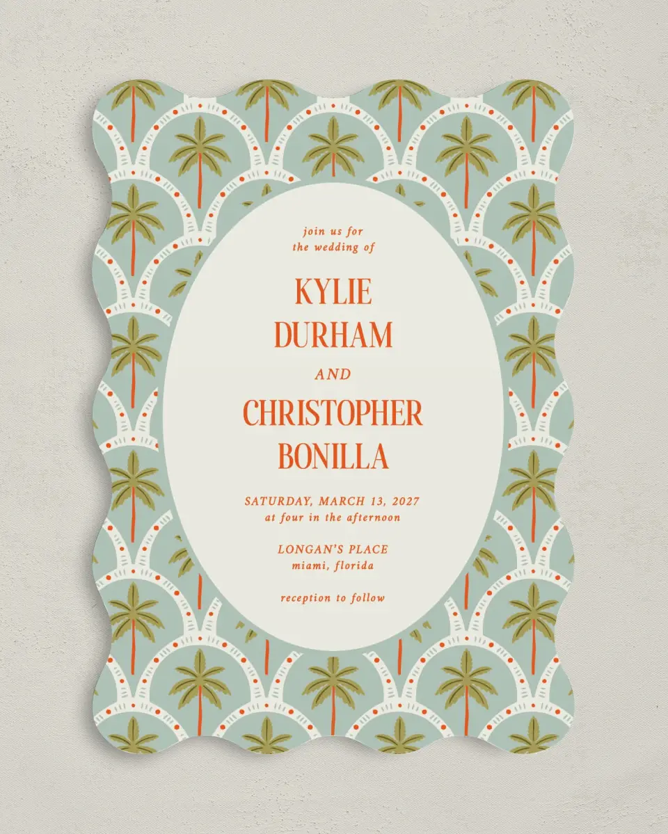 This is a 5" x 7" Wavy Wedding Invitation called Tropical Treasure printed in full color with Gold foil on Premium Smooth paper