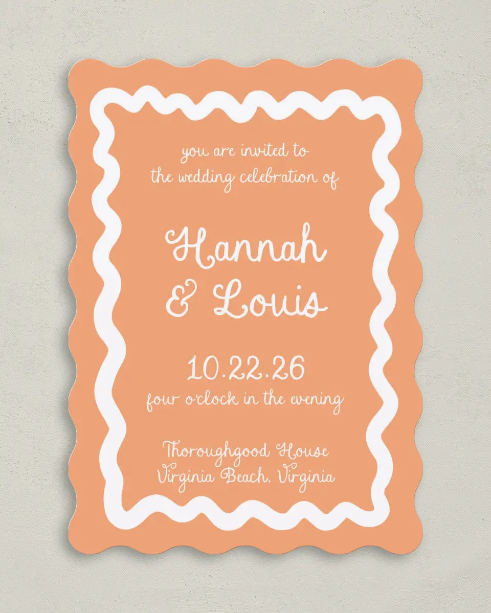 This is a 5" x 7" Wavy Wedding Invitation called Wavy Love printed in full color with Gold foil on Premium Smooth paper