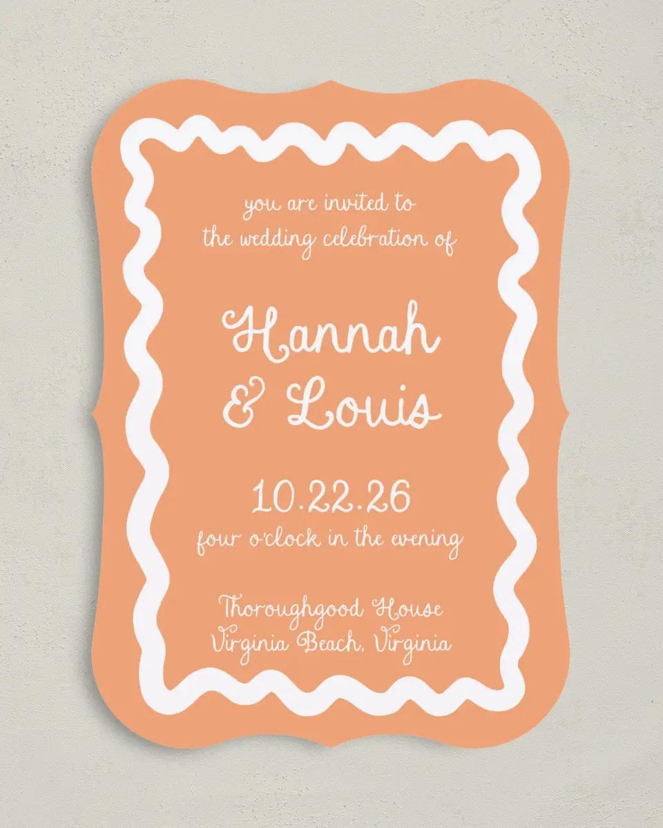 This is a 5" x 7" Bracket Wedding Invitation called Wavy Love printed in full color with Silver foil on Luxe Satin (coated) paper