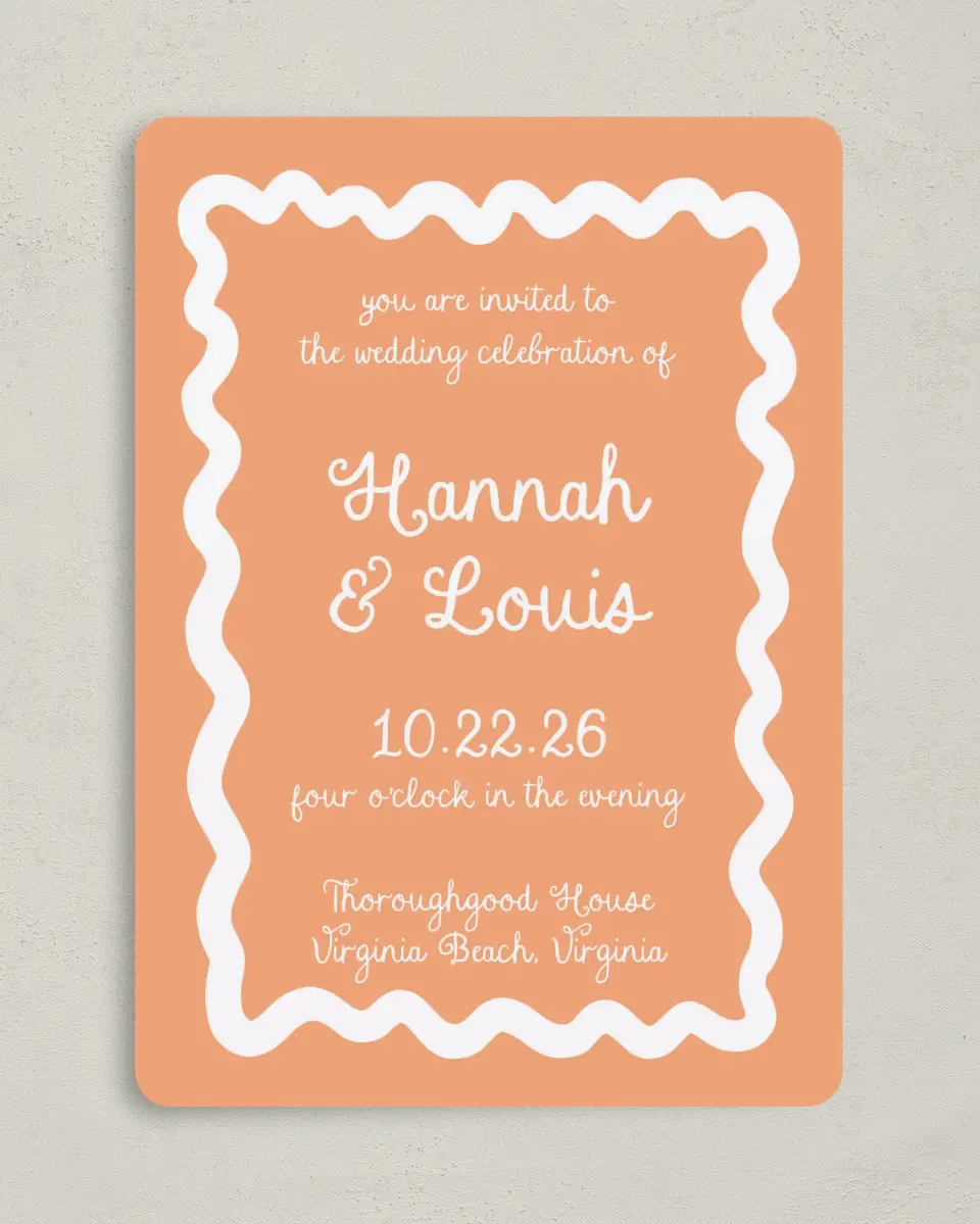 This is a 5" x 7" Rounded Wedding Invitation called Wavy Love printed in full color with Gold foil on Premium Smooth paper