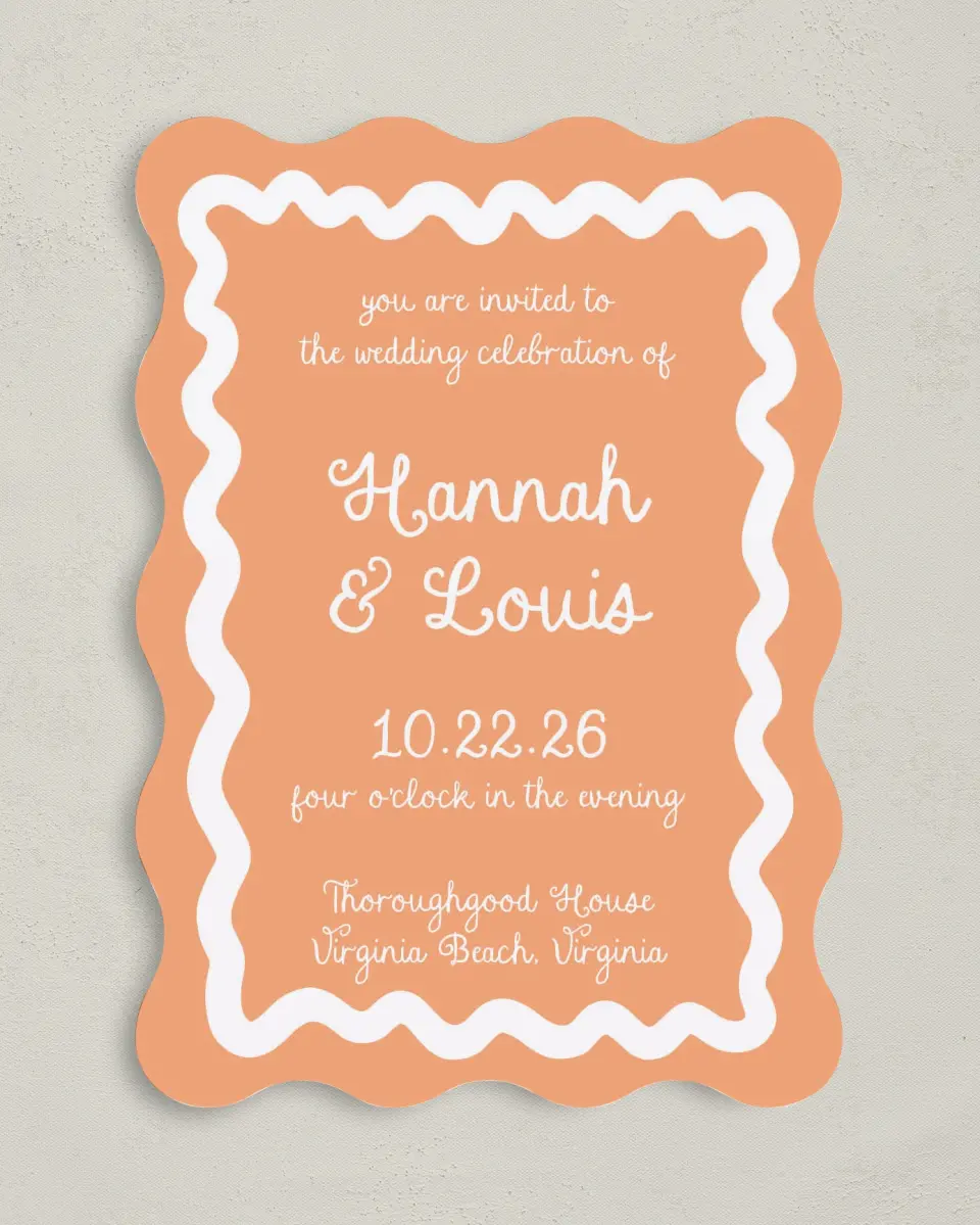 This is a 5" x 7" Wavy Wedding Invitation called Wavy Love printed in full color with Gold foil on Premium Smooth paper