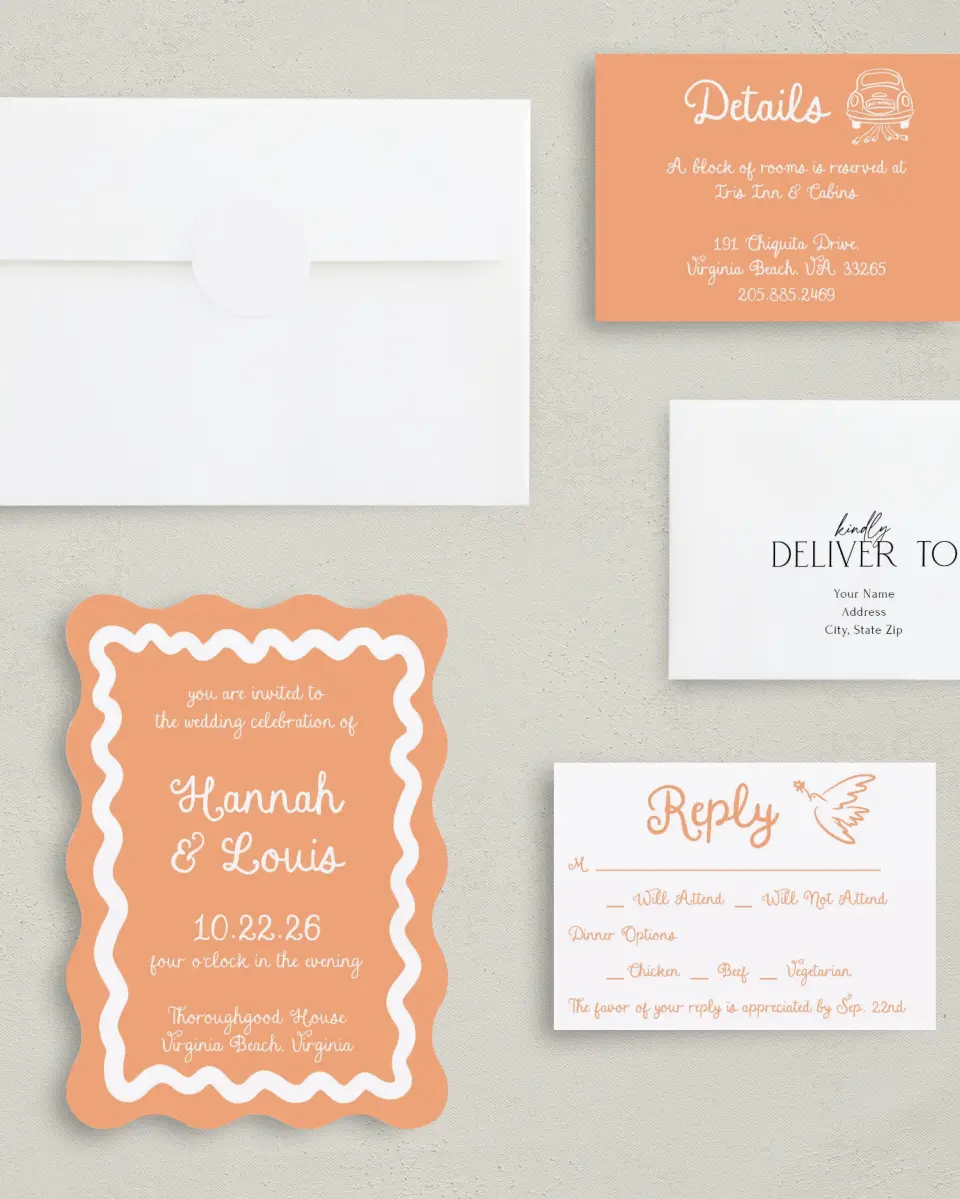 This is a 5" x 7" Wavy Wedding Invitation called Wavy Love printed in full color with Gold foil on Premium Smooth paper
