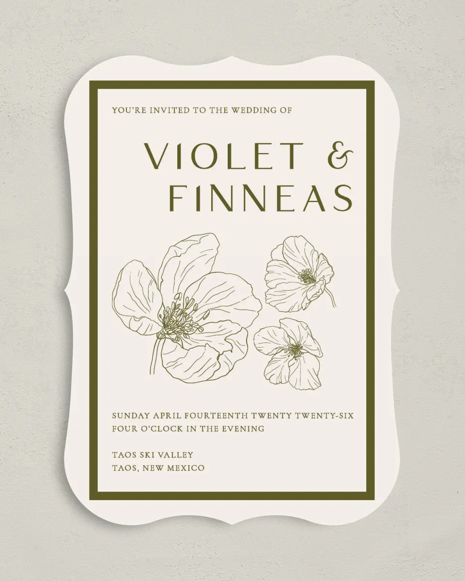 This is a 5" x 7" Bracket Wedding Invitation called Delicate Love printed in full color with Gold foil on Premium Smooth paper