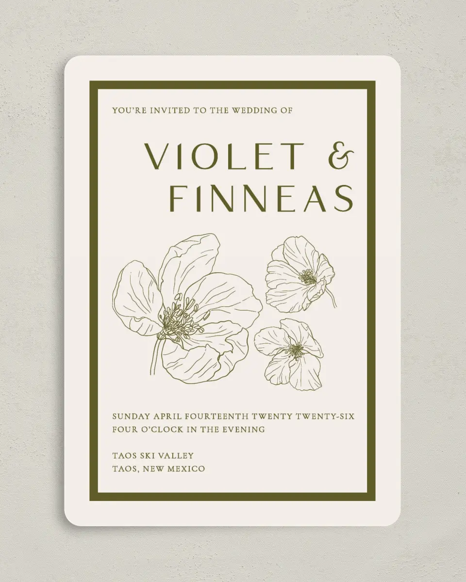 This is a 5" x 7" Rounded Wedding Invitation called Delicate Love printed in full color with Gold foil on Premium Smooth paper