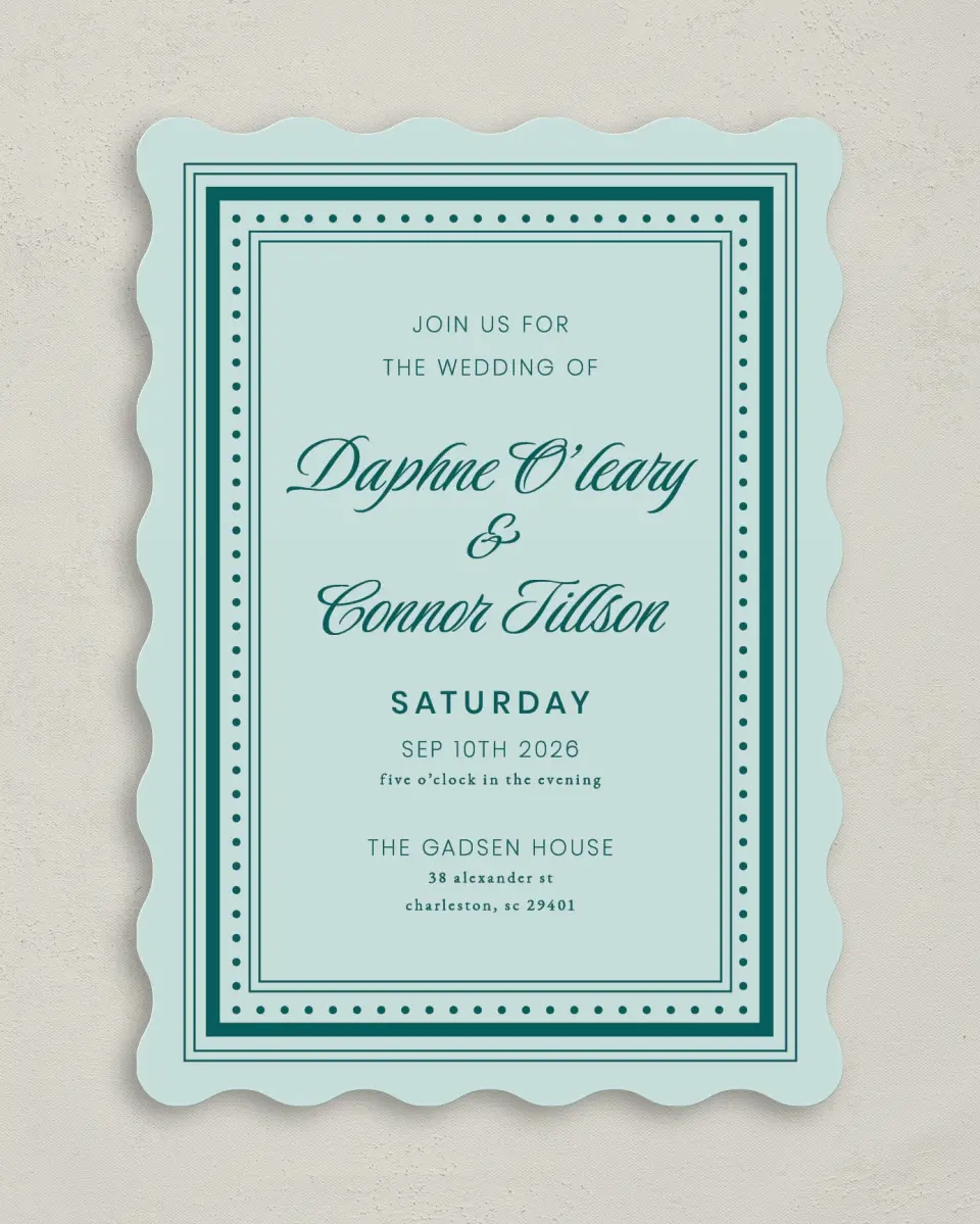 This is a 5" x 7" Wavy Wedding Invitation called Faithful Frame printed in full color with Gold foil on Premium Smooth paper
