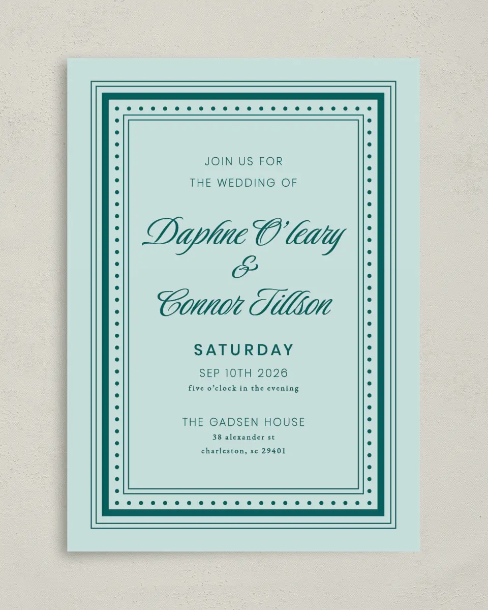 This is a 5" x 7" Classic Wedding Invitation called Faithful Frame printed in full color with Gold foil on Premium Smooth paper