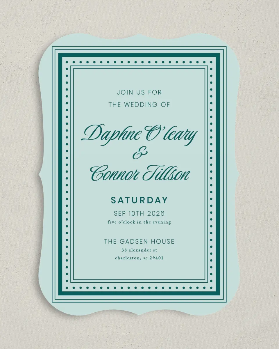 This is a 5" x 7" Bracket Wedding Invitation called Faithful Frame printed in full color with Gold foil on Premium Smooth paper