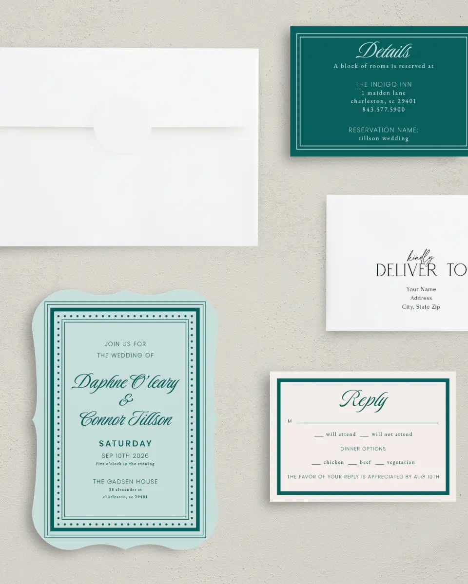 This is a 5" x 7" Bracket Wedding Invitation called Faithful Frame printed in full color with Gold foil on Premium Smooth paper