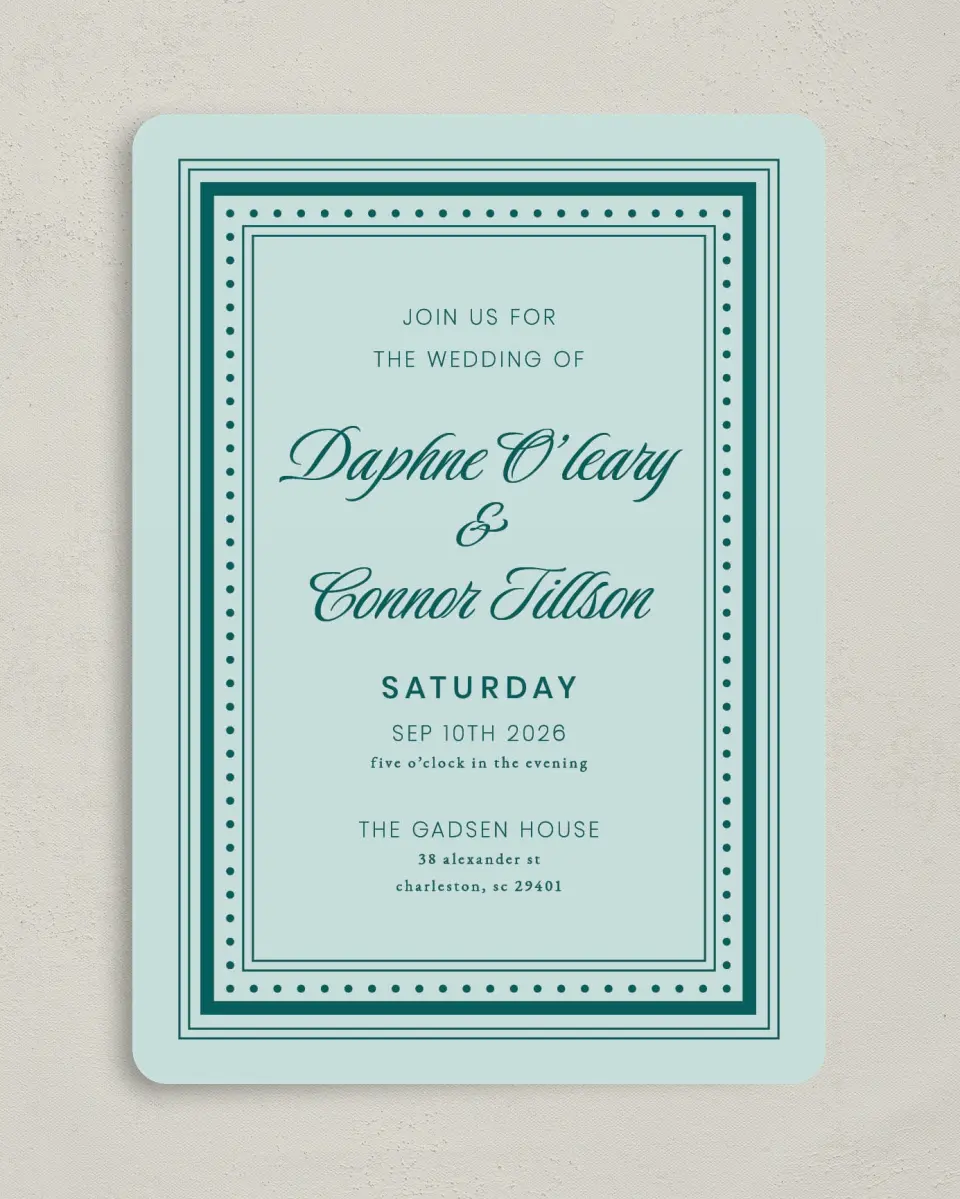 This is a 5" x 7" Rounded Wedding Invitation called Faithful Frame printed in full color with Gold foil on Premium Smooth paper
