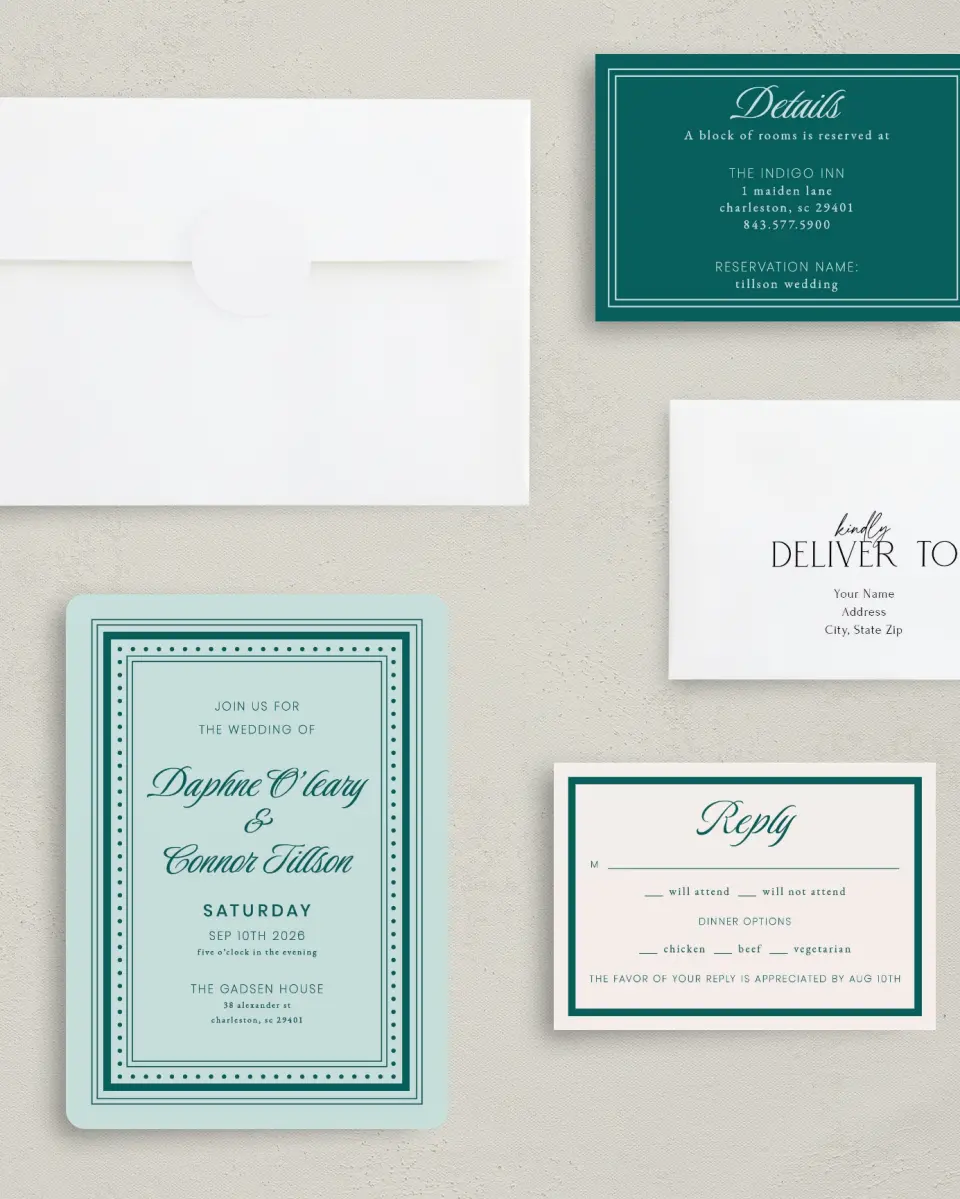 This is a 5" x 7" Rounded Wedding Invitation called Faithful Frame printed in full color with Gold foil on Premium Smooth paper