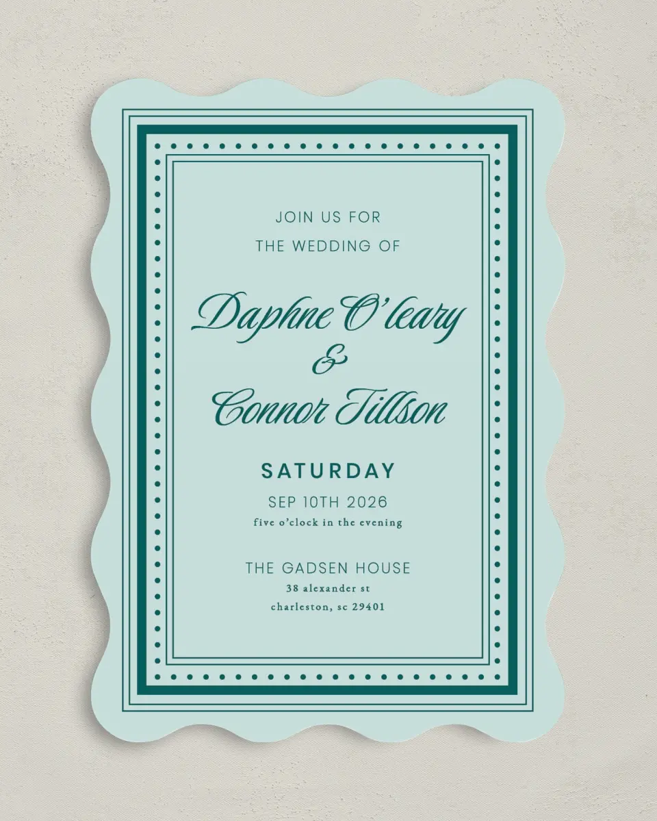 This is a 5" x 7" Wavy Wedding Invitation called Faithful Frame printed in full color with Silver foil on Luxe Satin (coated) paper