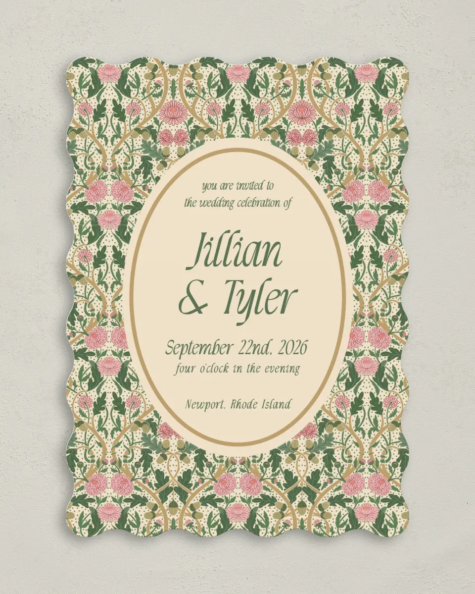 This is a 5" x 7" Wavy Wedding Invitation called Regal Garden printed in full color with Gold foil on Premium Smooth paper