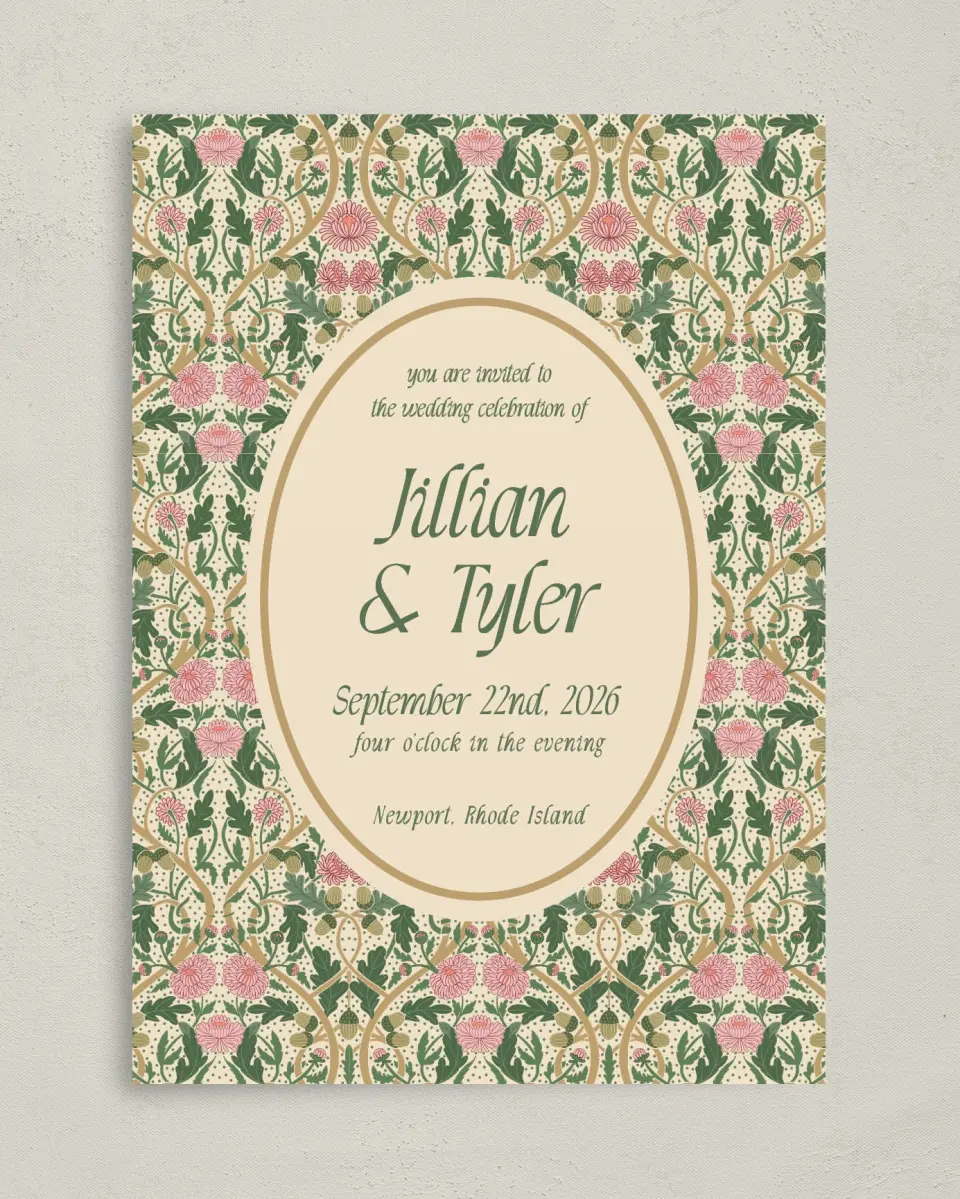This is a 5" x 7" Classic Wedding Invitation called Regal Garden printed in full color with Rose Gold foil on Luxe Satin (coated) paper