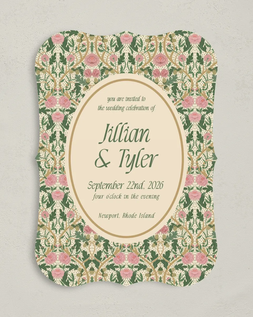 This is a 5" x 7" Bracket Wedding Invitation called Regal Garden printed in full color with Rose Gold foil on Luxe Satin (coated) paper