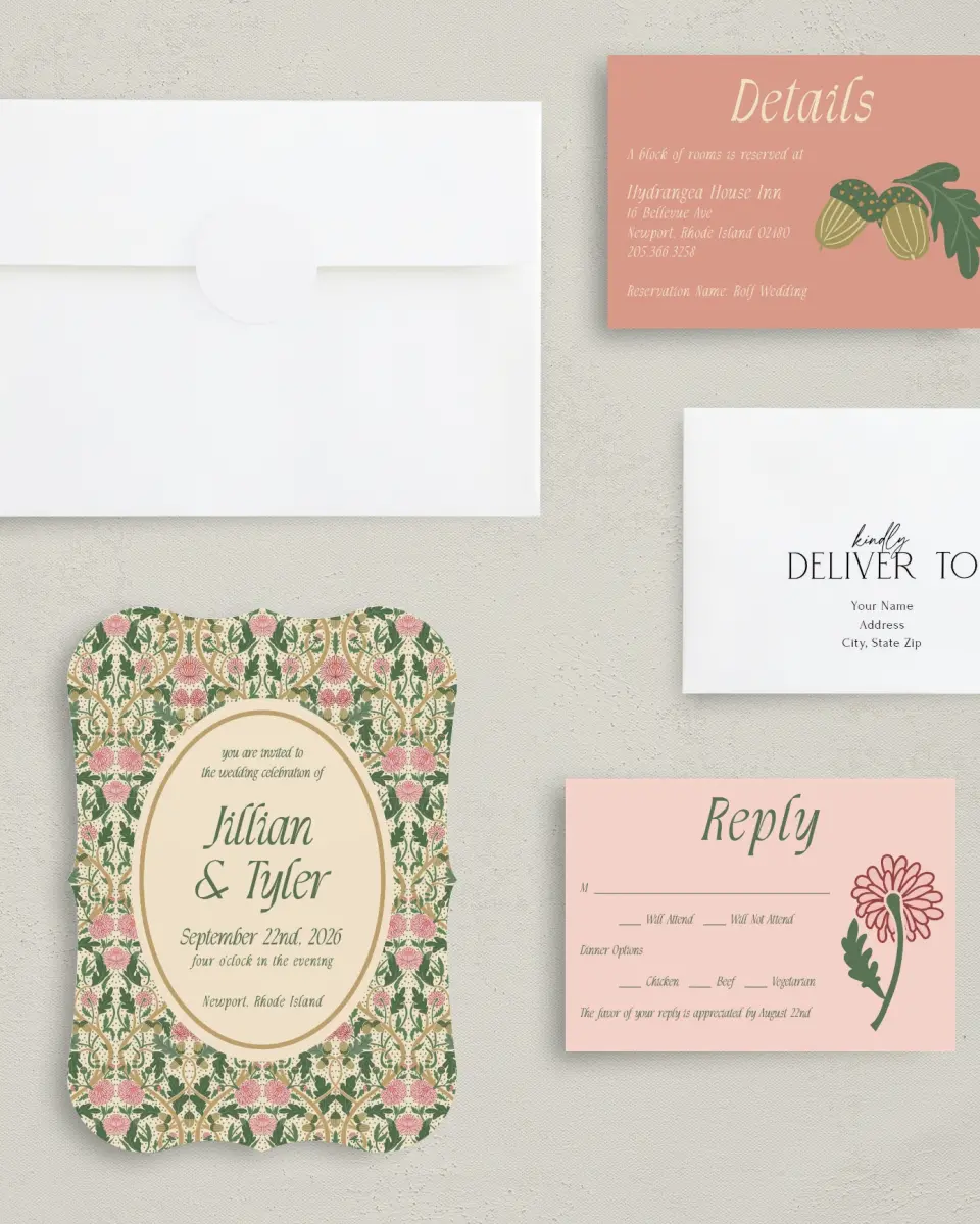 This is a 5" x 7" Bracket Wedding Invitation called Regal Garden printed in full color with Rose Gold foil on Luxe Satin (coated) paper