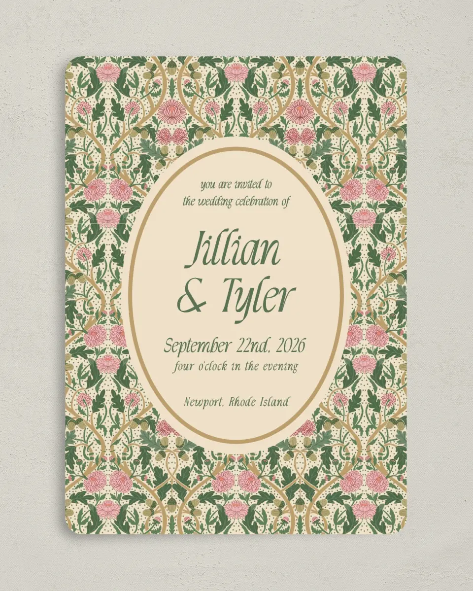 This is a 5" x 7" Rounded Wedding Invitation called Regal Garden printed in full color with Rose Gold foil on Luxe Satin (coated) paper