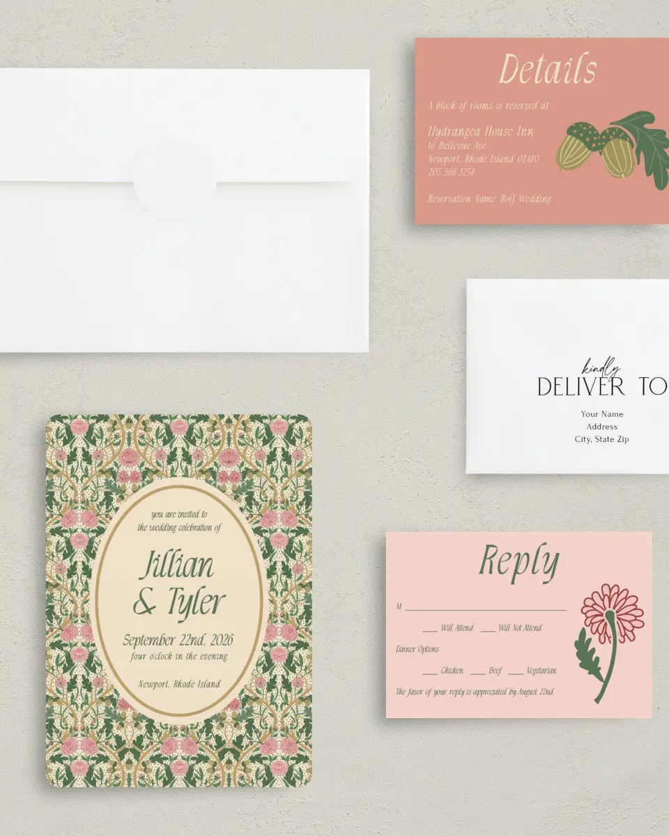 This is a 5" x 7" Rounded Wedding Invitation called Regal Garden printed in full color with Rose Gold foil on Luxe Satin (coated) paper