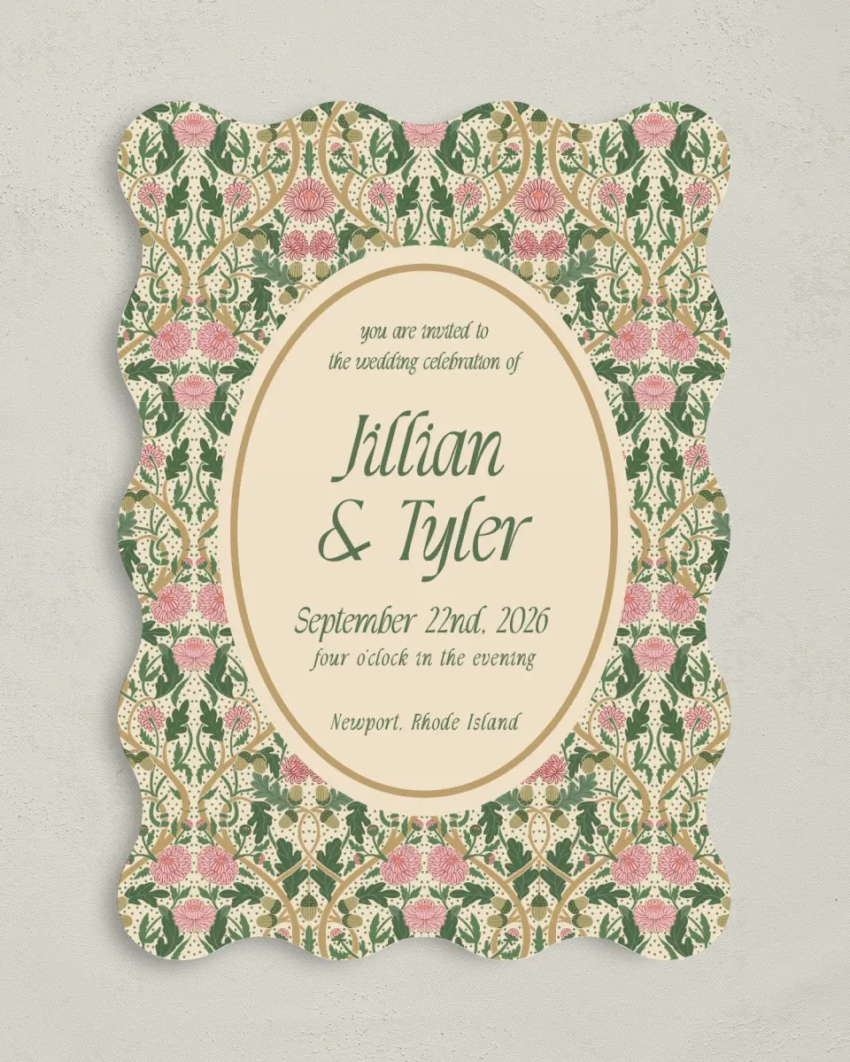This is a 5" x 7" Wavy Wedding Invitation called Regal Garden printed in full color with Rose Gold foil on Luxe Satin (coated) paper