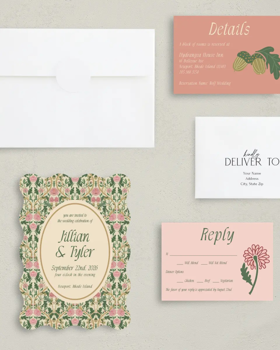 This is a 5" x 7" Wavy Wedding Invitation called Regal Garden printed in full color with Rose Gold foil on Luxe Satin (coated) paper