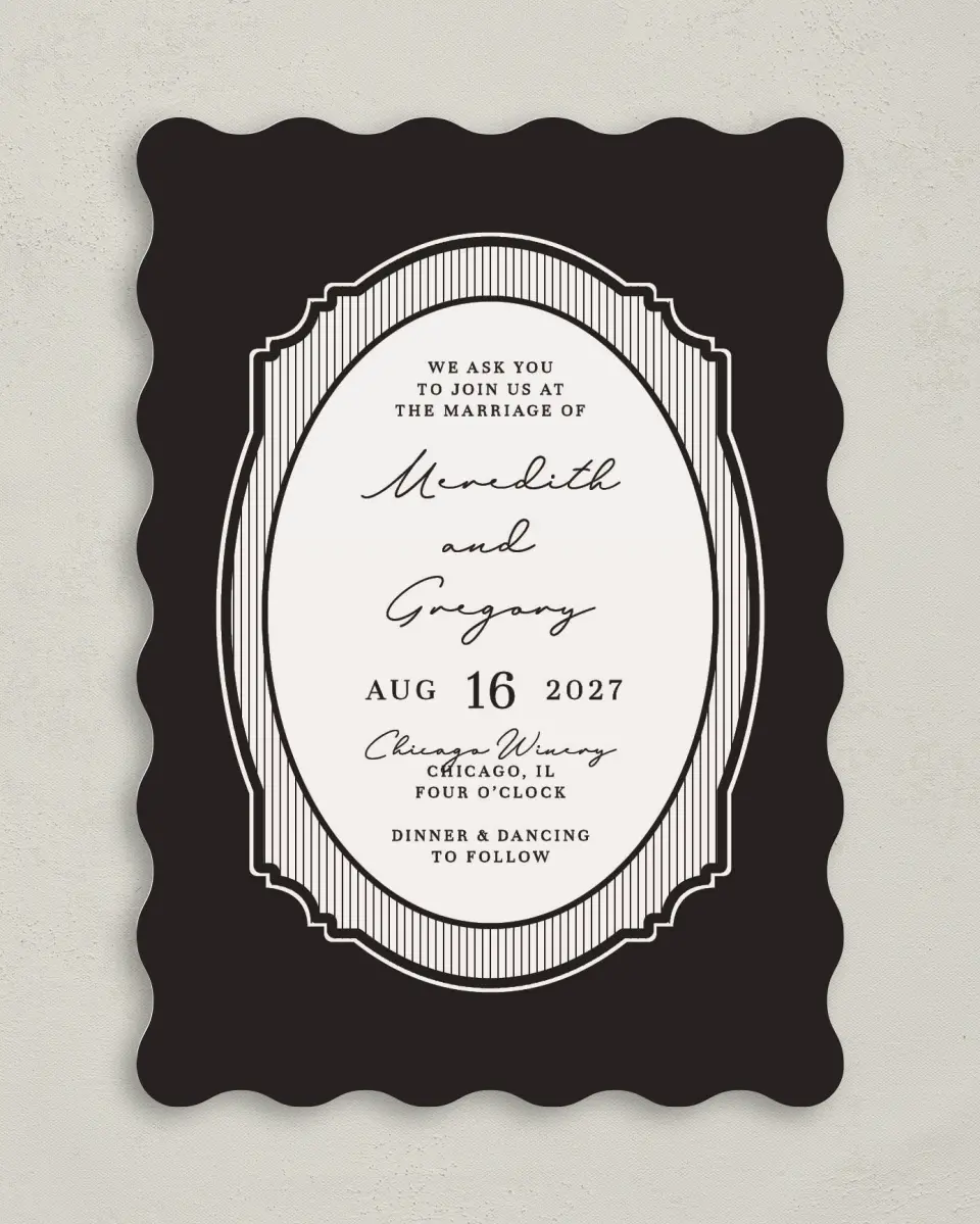 This is a 5" x 7" Wavy Wedding Invitation called Opulent Endearment printed in full color with Gold foil on Premium Smooth paper
