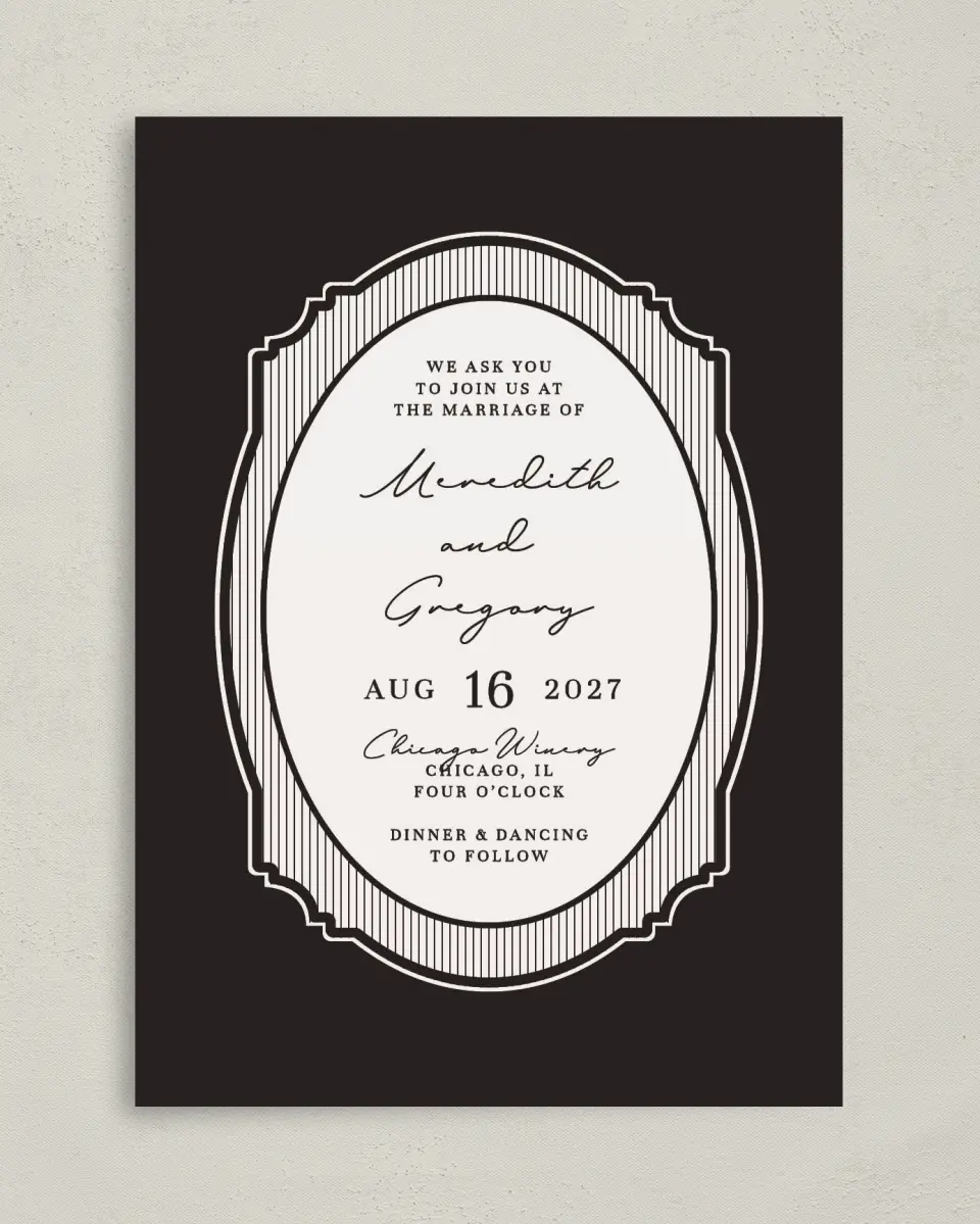 This is a 5" x 7" Classic Wedding Invitation called Opulent Endearment printed in full color with Gold foil on Premium Smooth paper