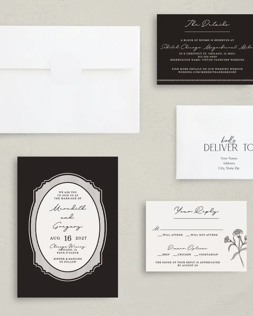 This is a 5" x 7" Classic Wedding Invitation called Opulent Endearment printed in full color with Gold foil on Premium Smooth paper