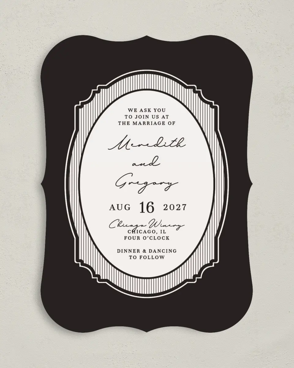 This is a 5" x 7" Bracket Wedding Invitation called Opulent Endearment printed in full color with Gold foil on Premium Smooth paper