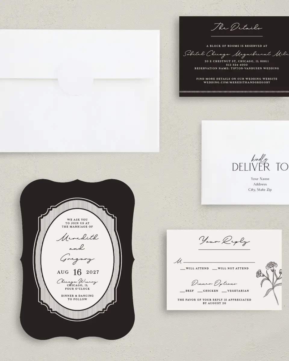 This is a 5" x 7" Bracket Wedding Invitation called Opulent Endearment printed in full color with Gold foil on Premium Smooth paper