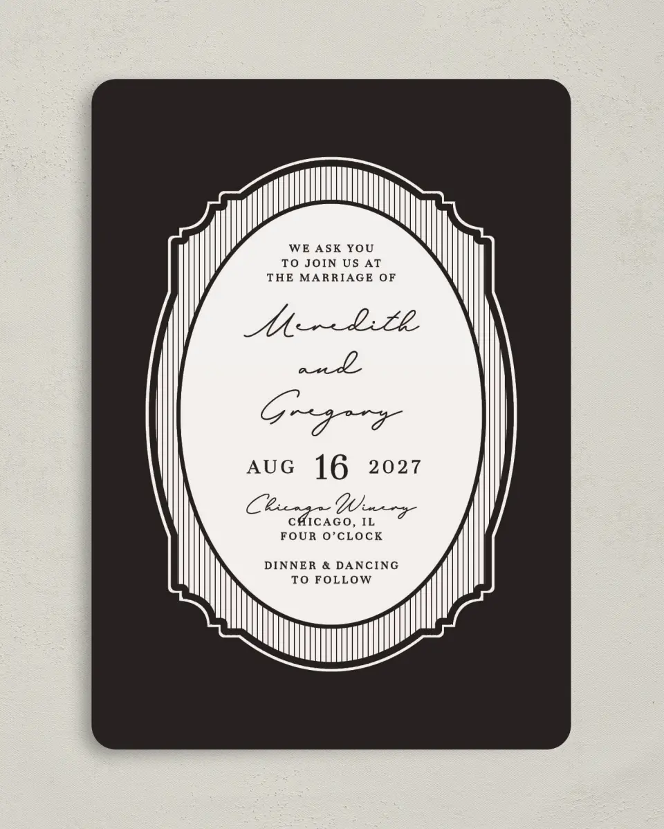 This is a 5" x 7" Rounded Wedding Invitation called Opulent Endearment printed in full color with Gold foil on Premium Smooth paper