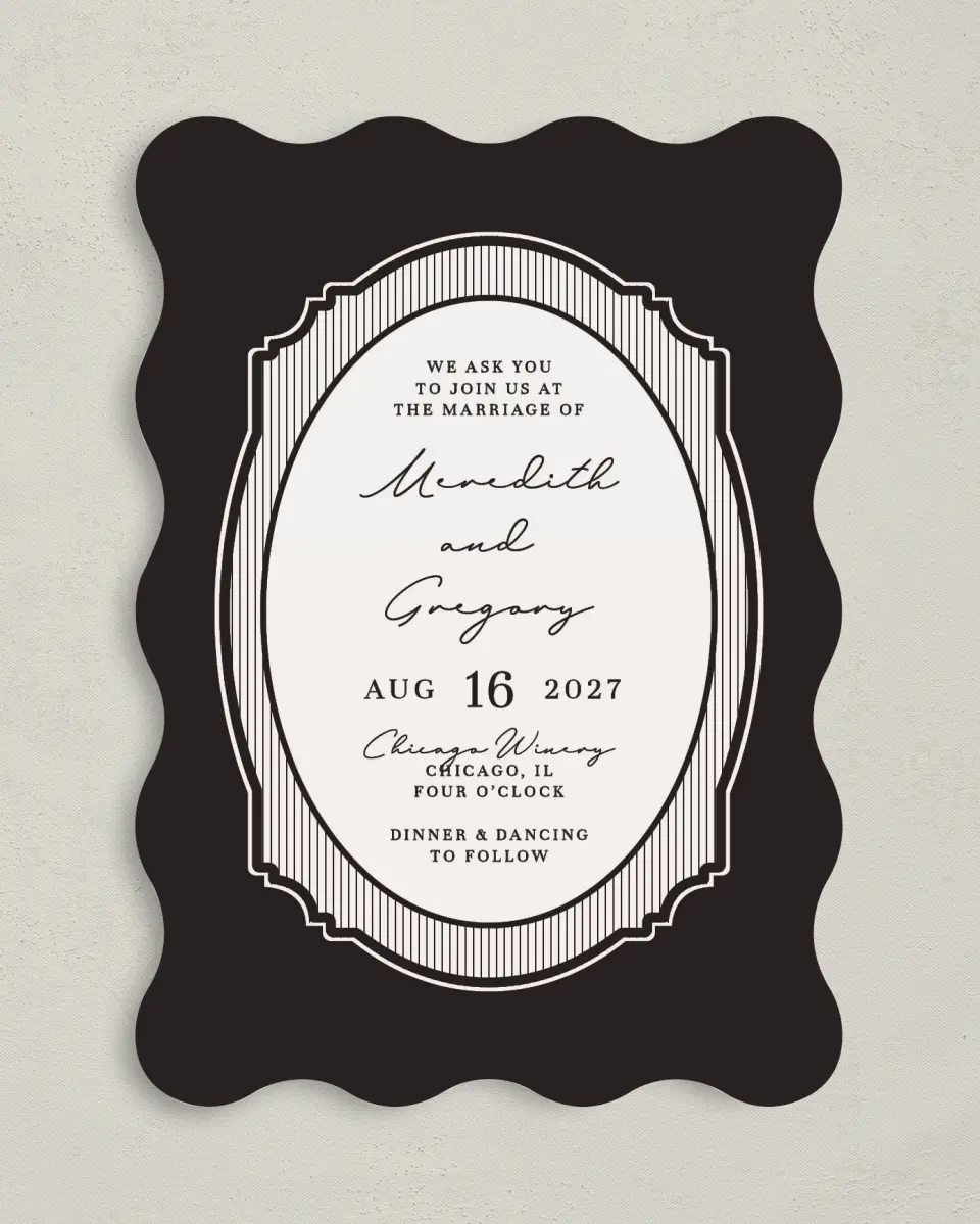 This is a 5" x 7" Wavy Wedding Invitation called Opulent Endearment printed in full color with Gold foil on Premium Smooth paper