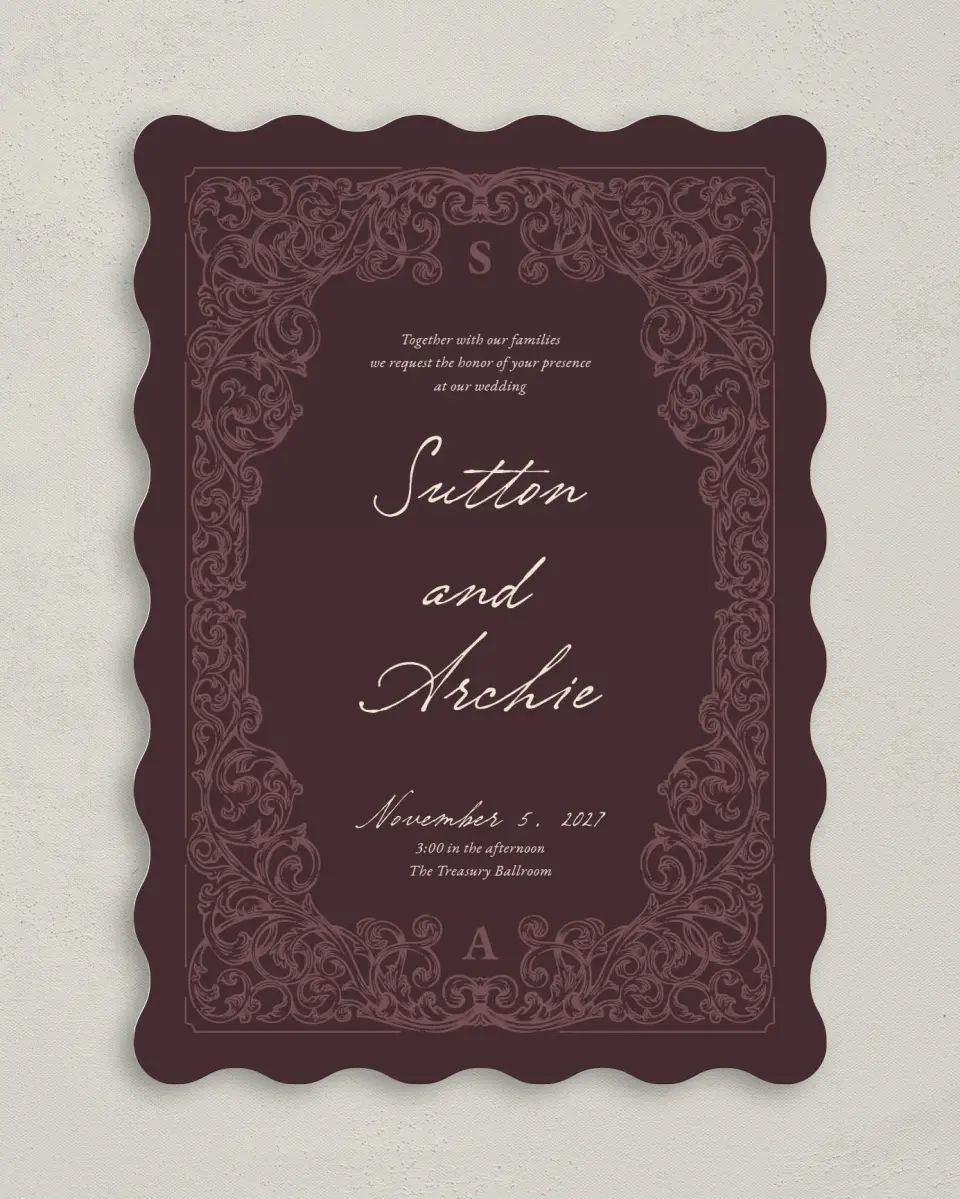 This is a 5" x 7" Wavy Wedding Invitation called Victorian Aura printed in full color with Gold foil on Premium Smooth paper