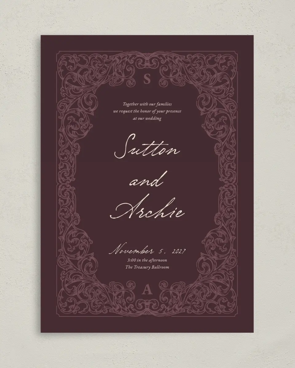 This is a 5" x 7" Classic Wedding Invitation called Victorian Aura printed in full color with Gold foil on Premium Smooth paper