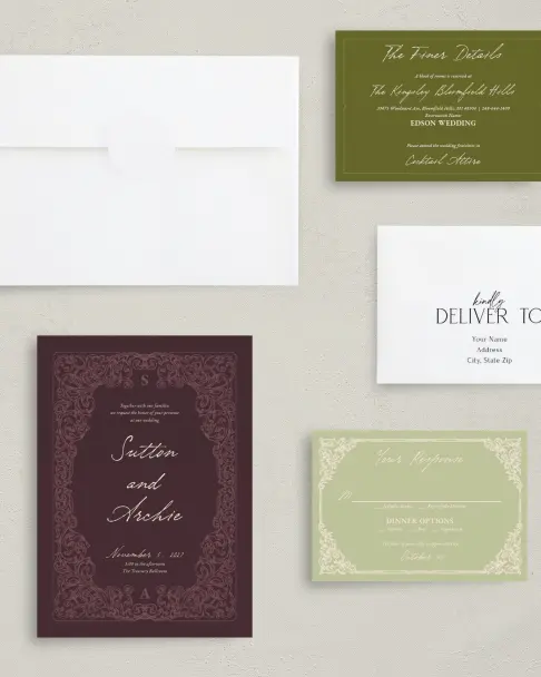 This is a 5" x 7" Classic Wedding Invitation called Victorian Aura printed in full color with Gold foil on Premium Smooth paper