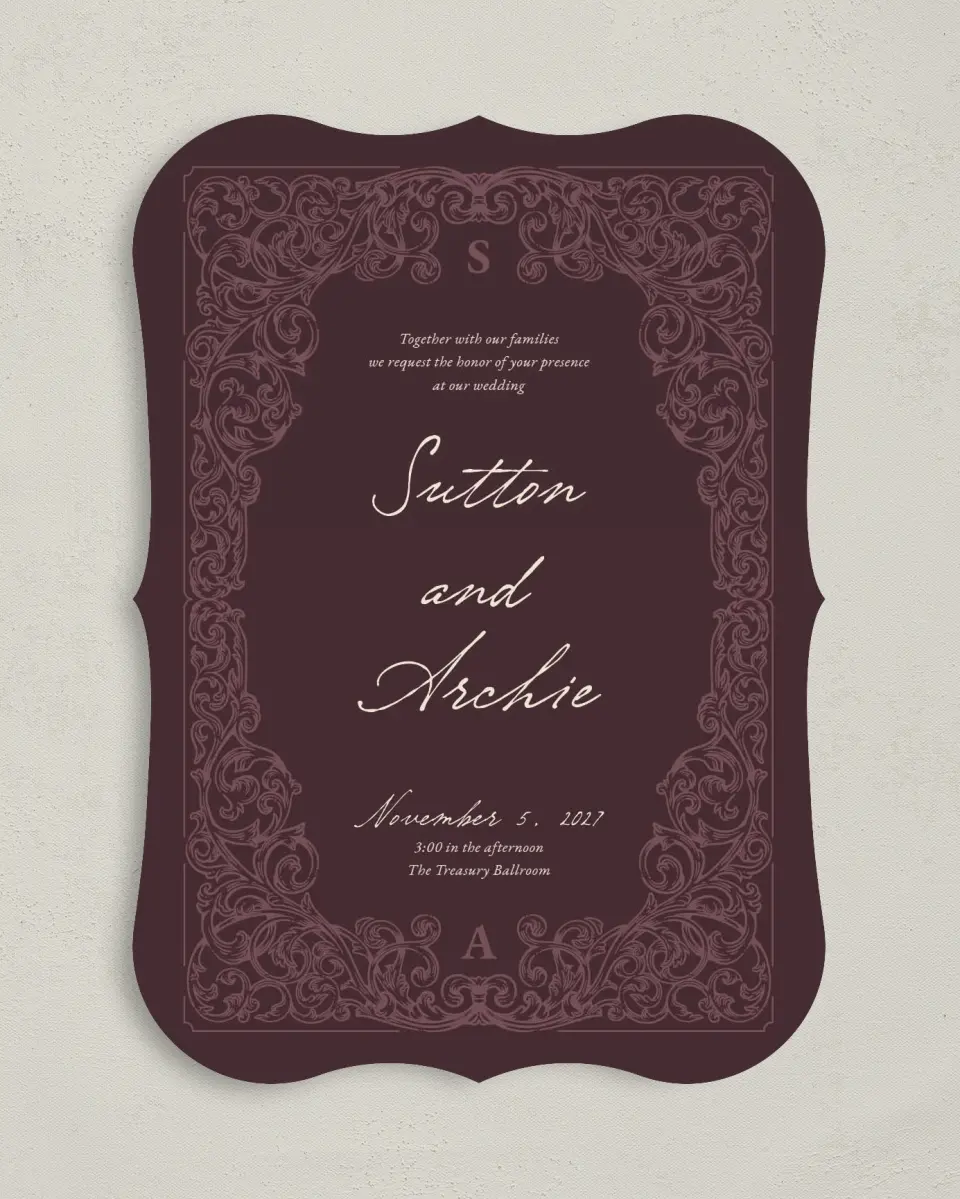 This is a 5" x 7" Bracket Wedding Invitation called Victorian Aura printed in full color with Gold foil on Premium Smooth paper