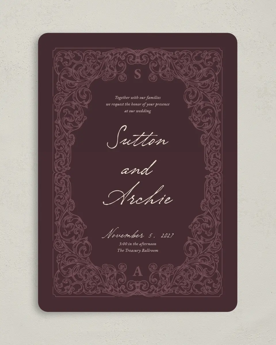 This is a 5" x 7" Rounded Wedding Invitation called Victorian Aura printed in full color with Gold foil on Premium Smooth paper
