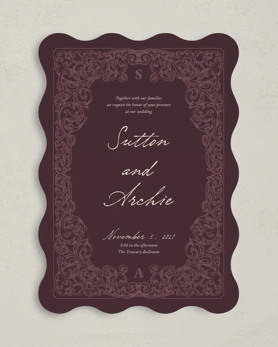 This is a 5" x 7" Wavy Wedding Invitation called Victorian Aura printed in full color with Gold foil on Premium Smooth paper