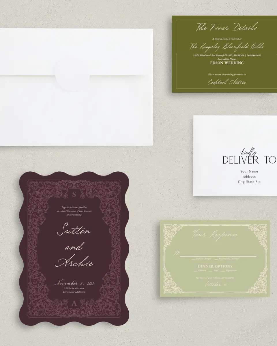 This is a 5" x 7" Wavy Wedding Invitation called Victorian Aura printed in full color with Gold foil on Premium Smooth paper