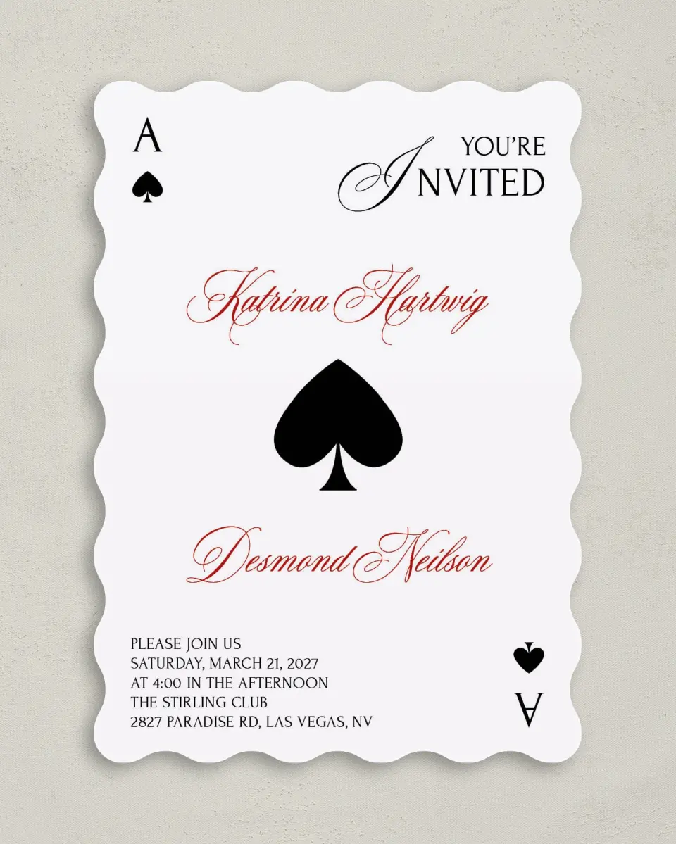 This is a 5" x 7" Wavy Wedding Invitation called Elevated Vegas printed in full color with Gold foil on Premium Smooth paper
