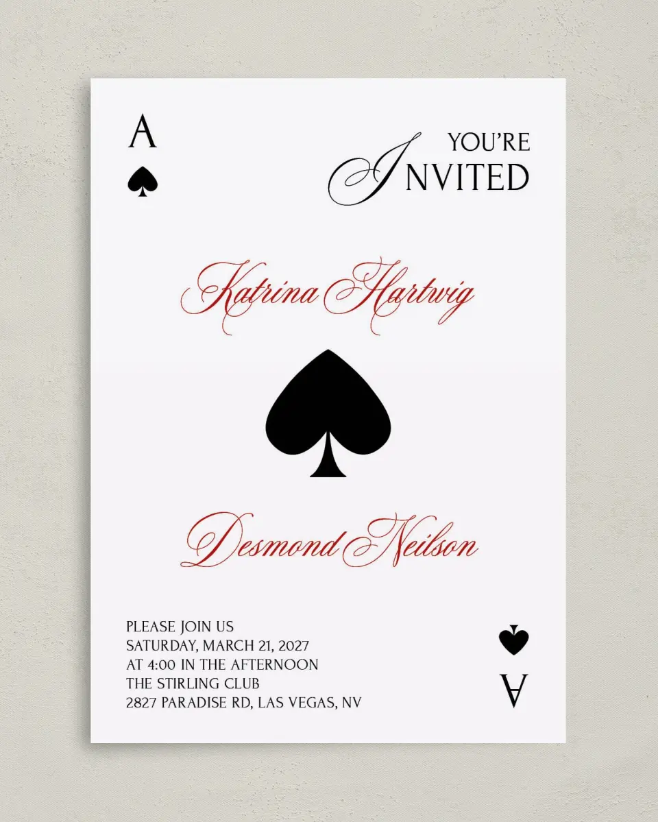 This is a 5" x 7" Classic Wedding Invitation called Elevated Vegas printed in full color with Gold foil on Premium Smooth paper
