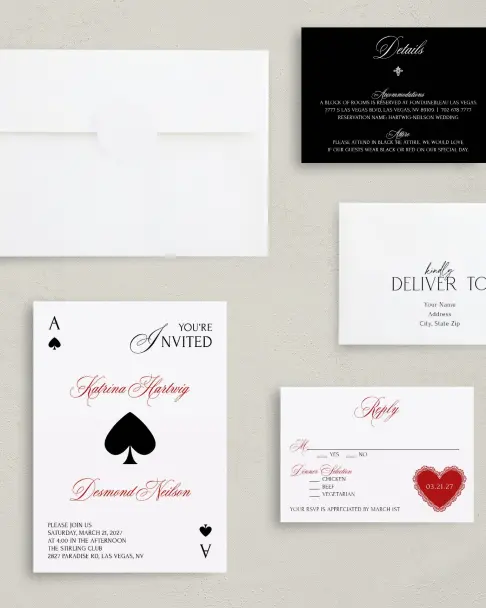 This is a 5" x 7" Classic Wedding Invitation called Elevated Vegas printed in full color with Gold foil on Luxe Satin (coated) paper