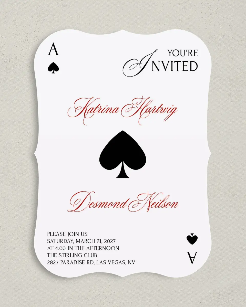 This is a 5" x 7" Bracket Wedding Invitation called Elevated Vegas printed in full color with Gold foil on Premium Smooth paper