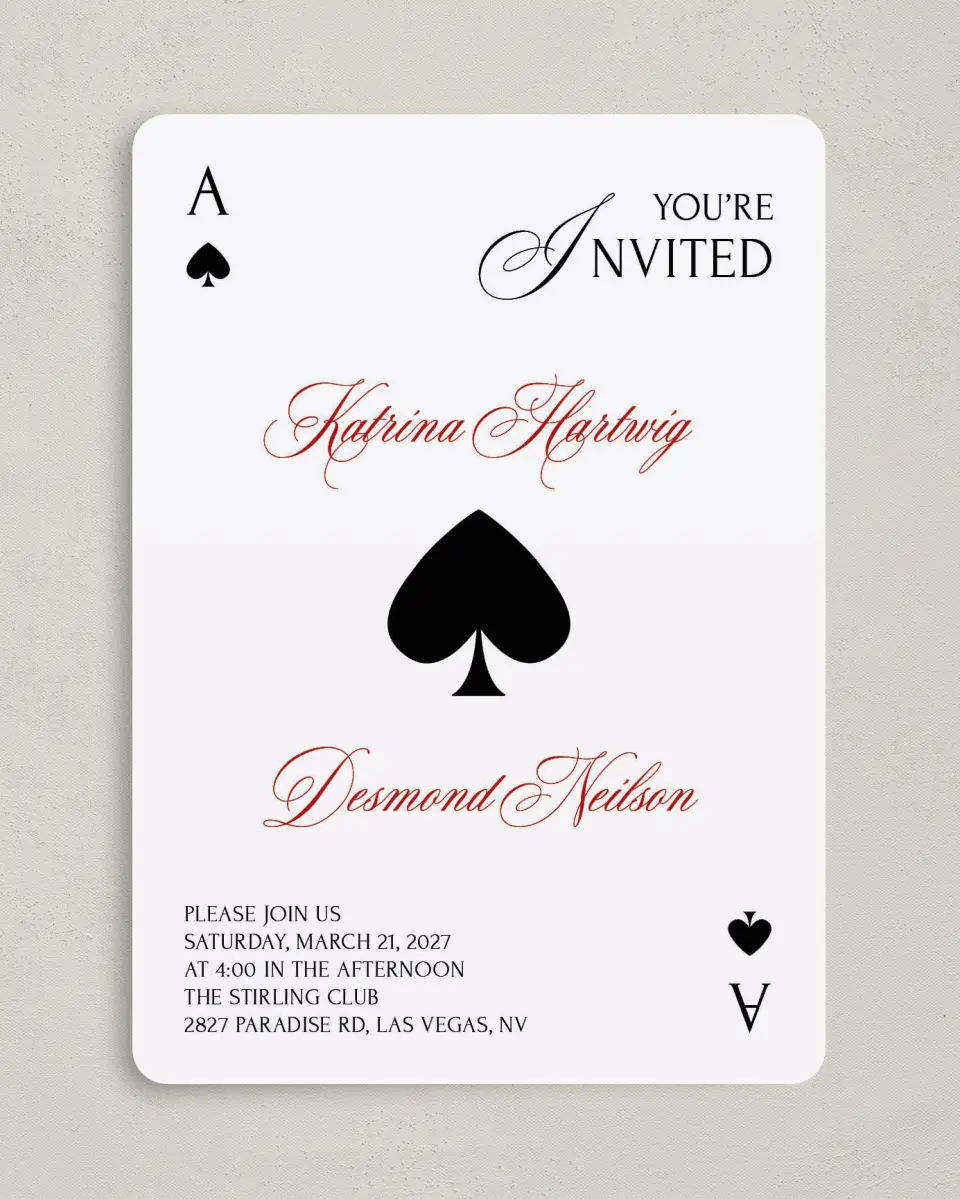 This is a 5" x 7" Rounded Wedding Invitation called Elevated Vegas printed in full color with Gold foil on Premium Smooth paper
