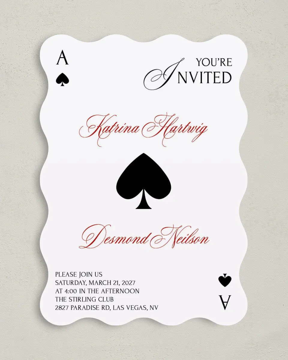 This is a 5" x 7" Wavy Wedding Invitation called Elevated Vegas printed in full color with Gold foil on Premium Smooth paper