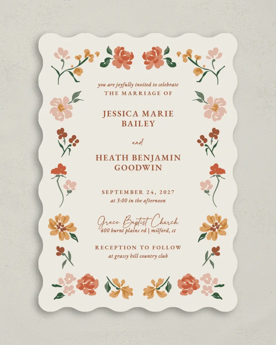 This is a 5" x 7" Wavy Wedding Invitation called Plush Petals printed in full color with Gold foil on Premium Smooth paper