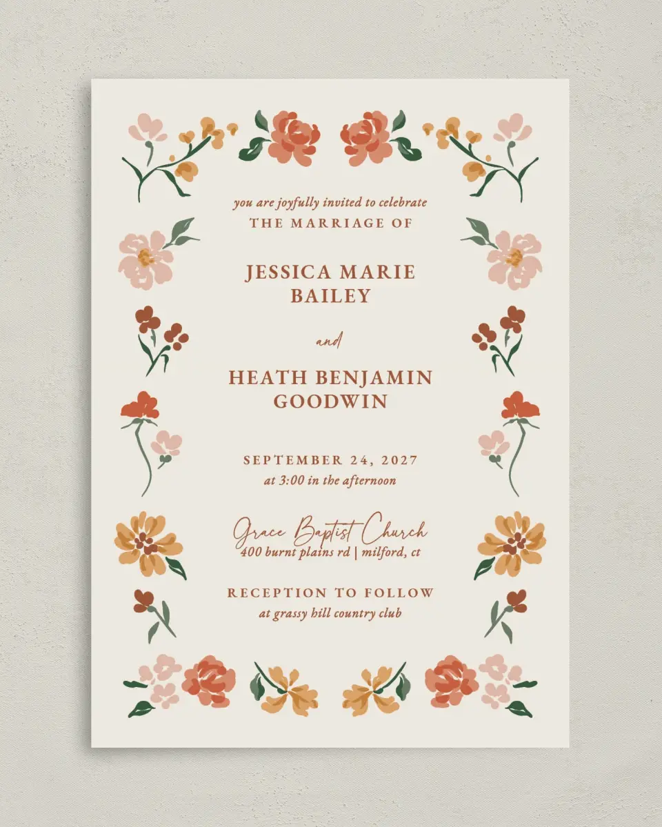 This is a 5" x 7" Classic Wedding Invitation called Plush Petals printed in full color with Gold foil on Premium Smooth paper